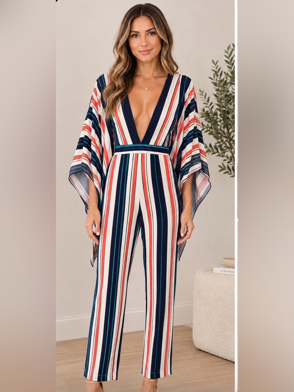 NWT Monaco Boutique Striped Cape Sleeve Romper – Statement Jumpsuit